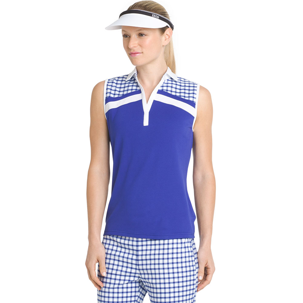 IZOD Ladies Sleeveless Plaid Pieced Polo - Blue - IZOD Golf